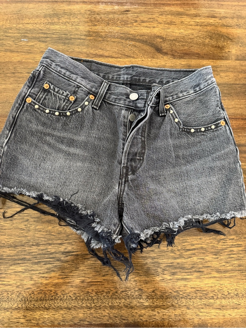 Levi's 501 Black Washed Distressed Denim Shorts with Studs